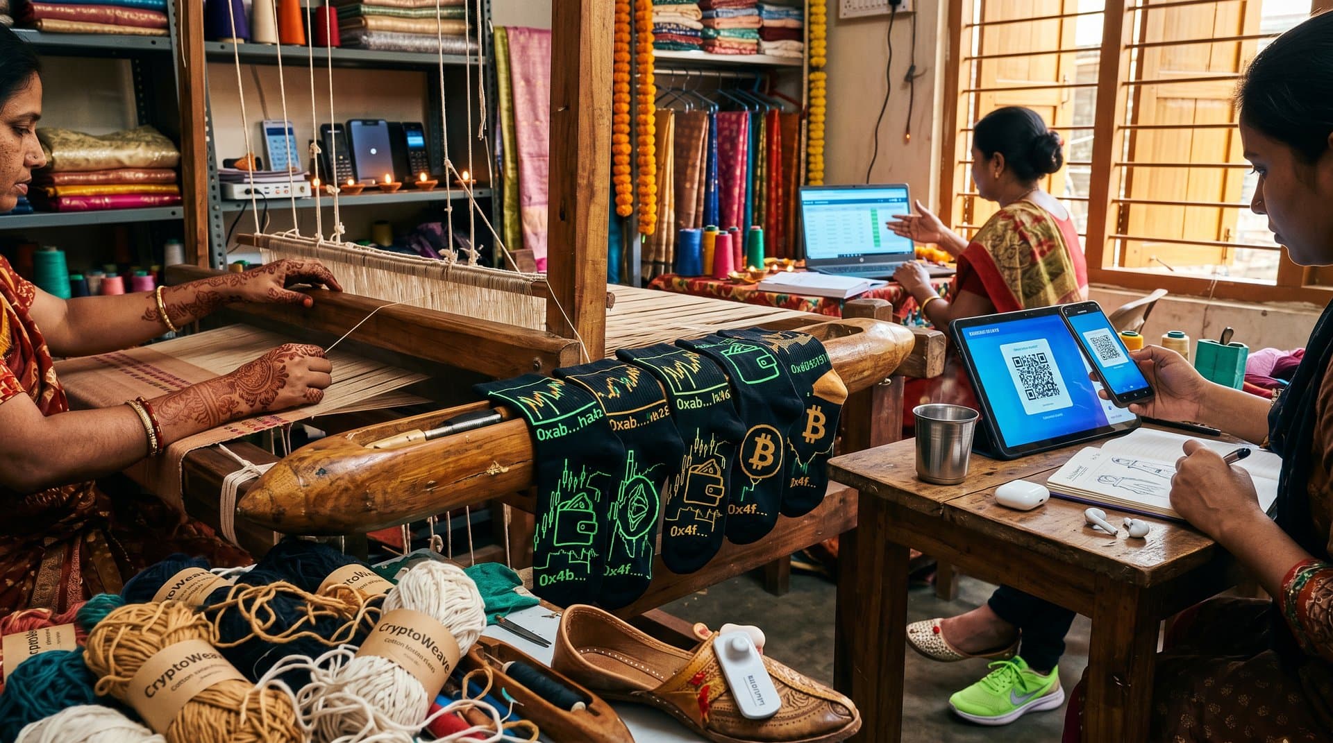 Blockchain-printed socks with crypto patterns on handloom in South Asian fashion atelier