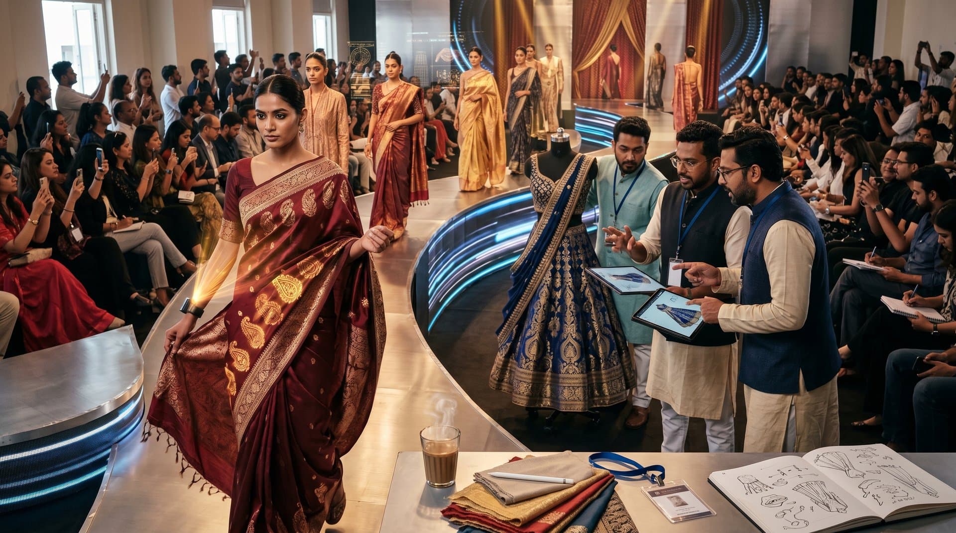 AI-generated Indian fashion patterns blending traditional Kanjeevaram silks and Banarasi brocades with digital motifs on abstract runway scene
