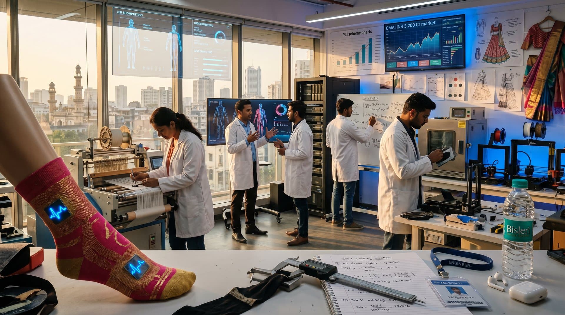High-tech lab with smart health-monitoring sock prototypes, AI health data screens, South Asian sensor fabrics