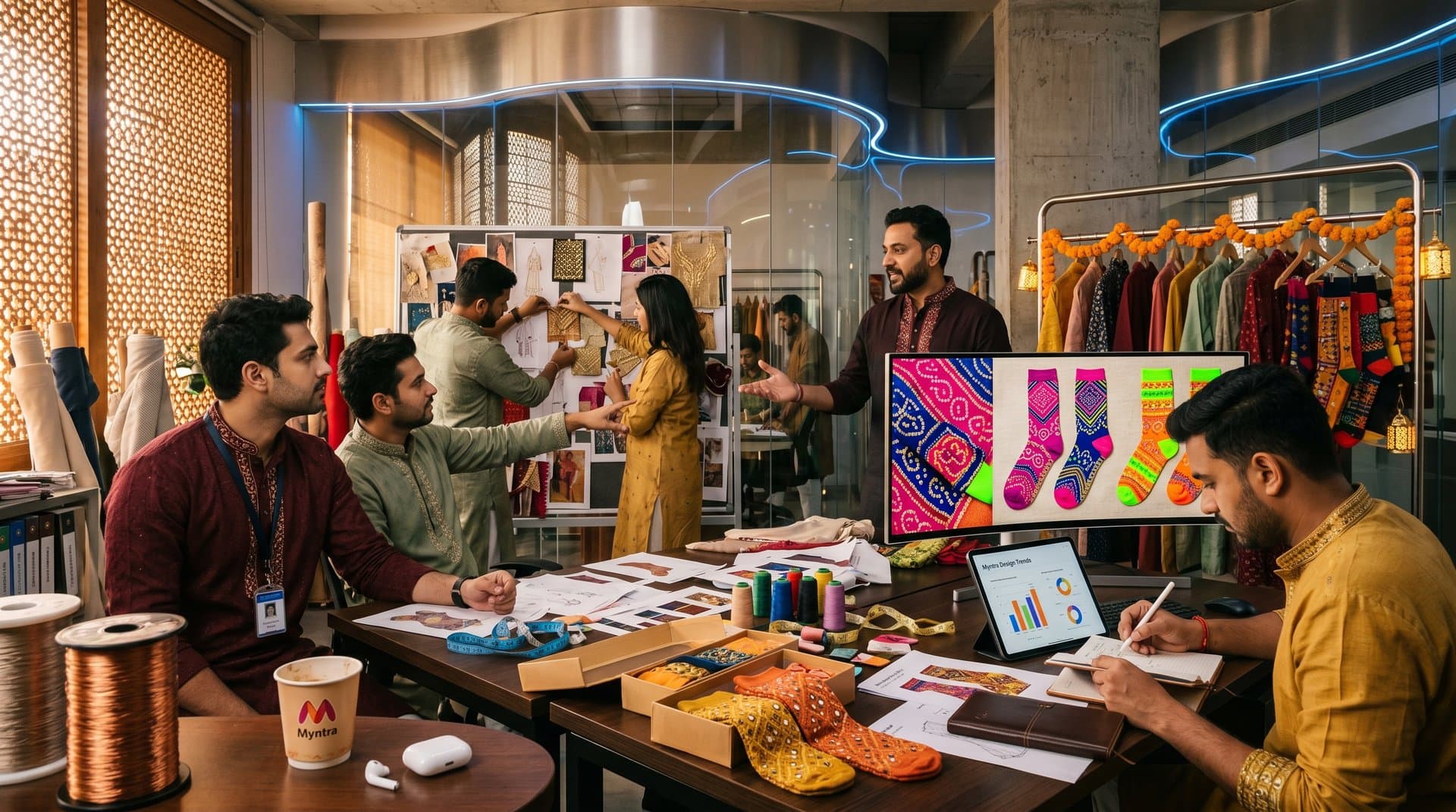 Mumbai studio with designers viewing AI sock patterns on monitors amid embroidered samples and festive racks