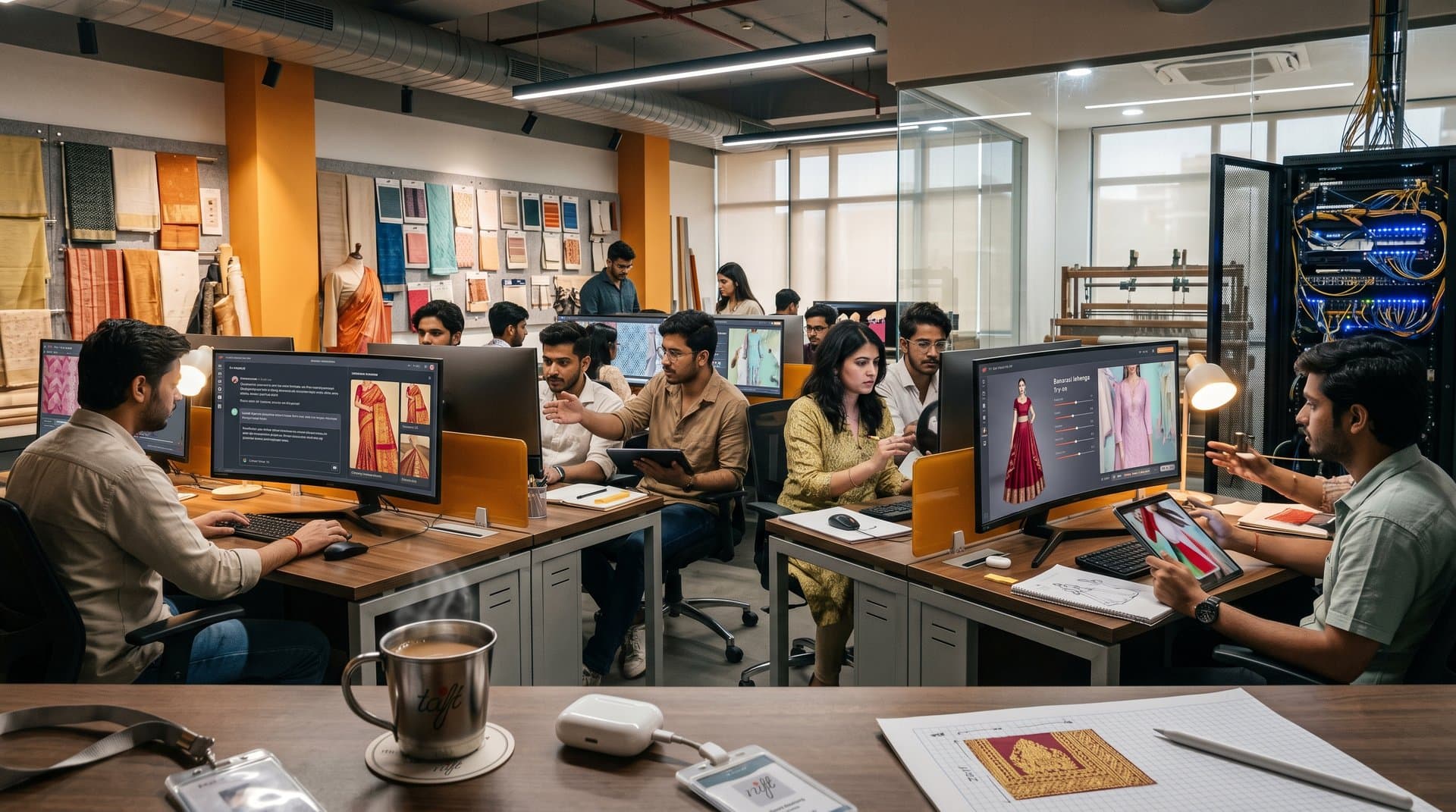 AI lab with screens displaying virtual try-ons of Indian textiles like Kanjeevaram sarees and Banarasi designs