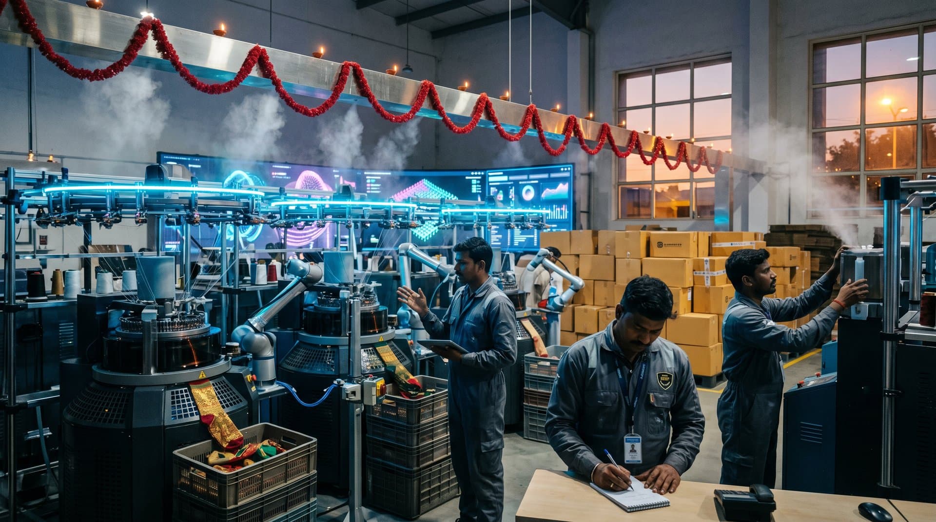 AI-driven precision sock production in South Asian textile mill with knitting machines, health sensors, sustainable yarns, and tech simulations