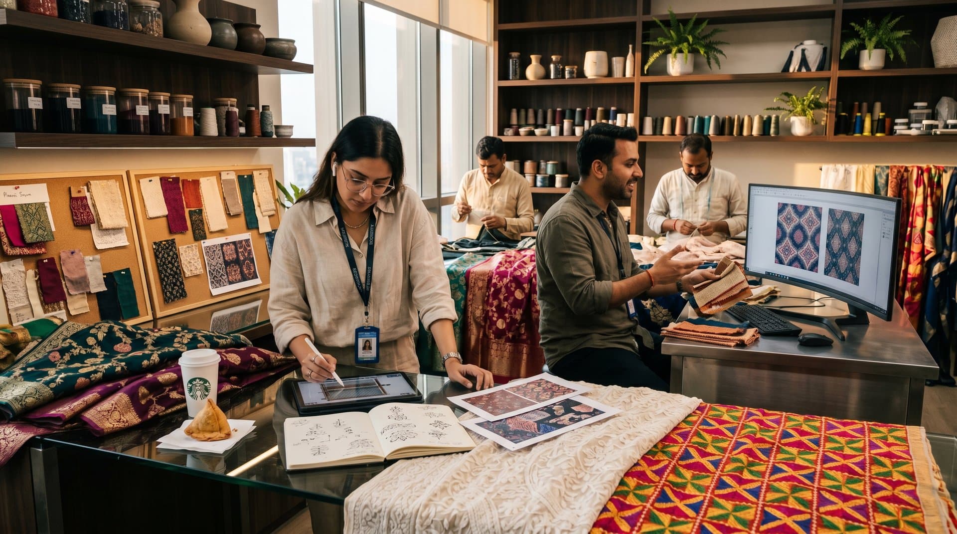 AI-generated bland textile patterns on screens beside vibrant South Asian embroidery swatches in a design studio