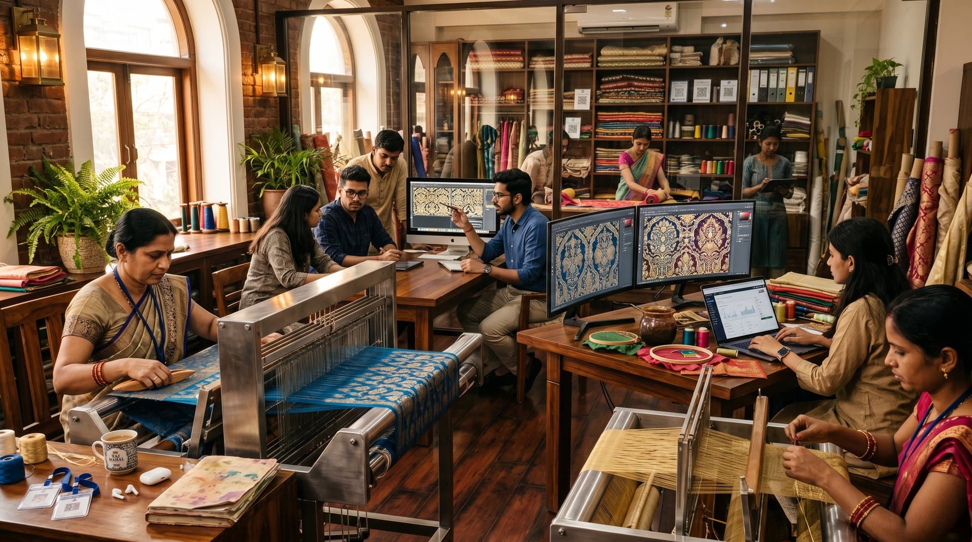 Mumbai atelier with looms, AI monitors showing textile designs, dye pots, and blockchain certificates under warm lighting