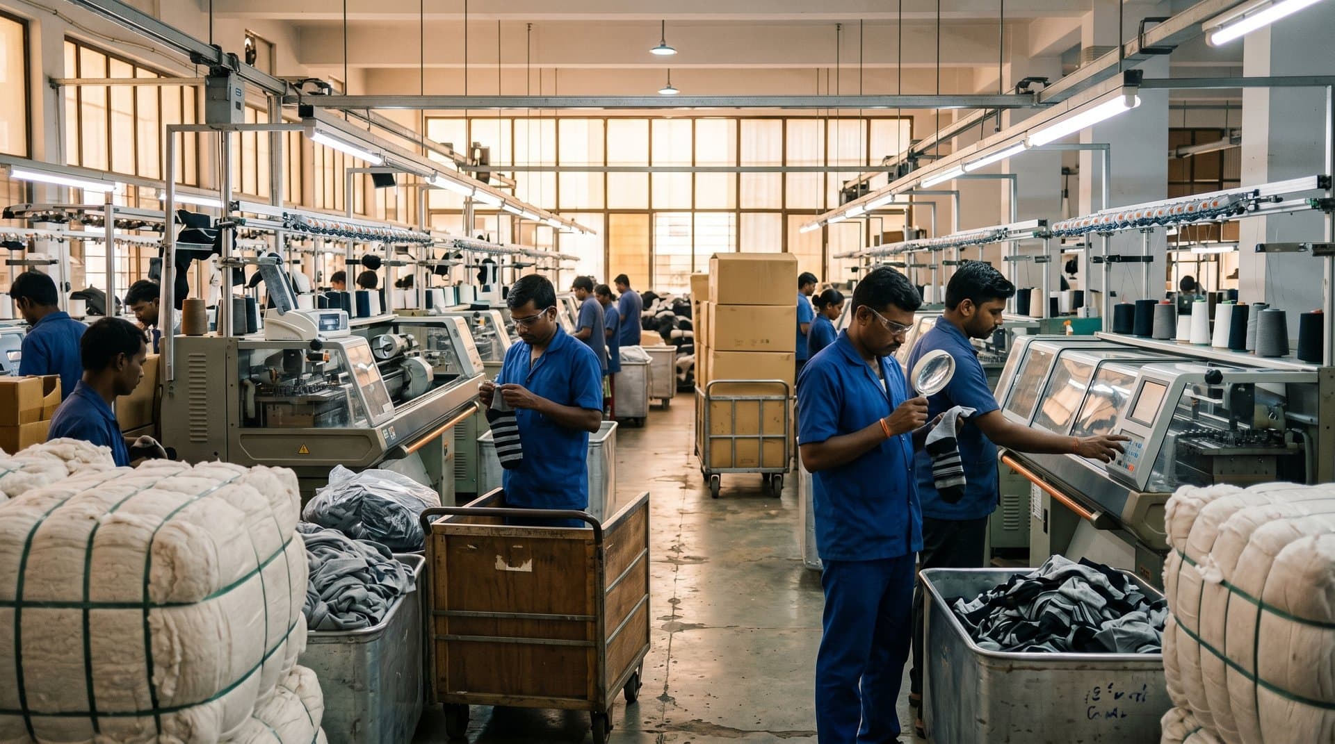 Tirupur factory producing export socks for US markets amid cotton bales and knitting machines