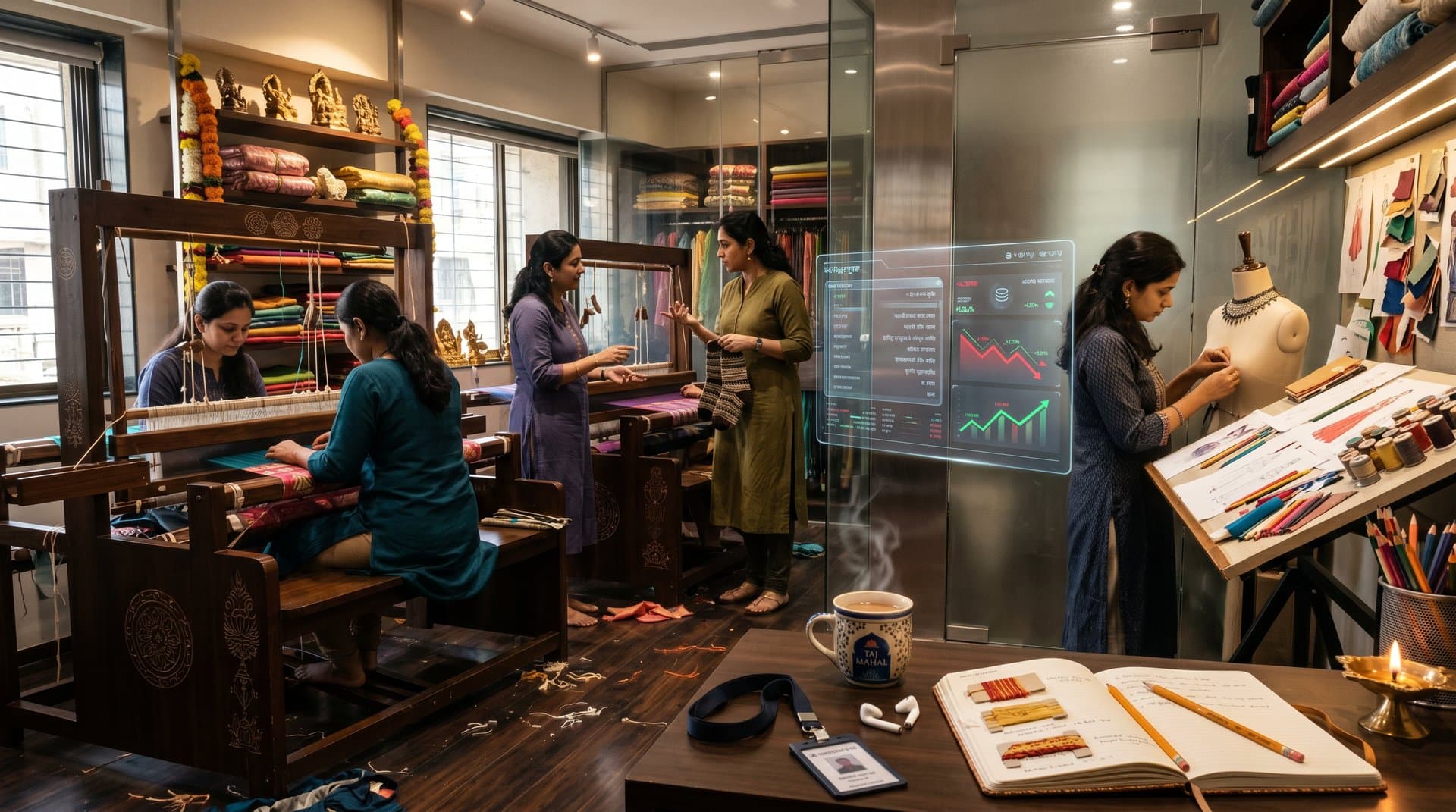 Crypto-inspired XRP socks sketches with price charts at $1.43 and Fear & Greed 33 in Mumbai handloom atelier