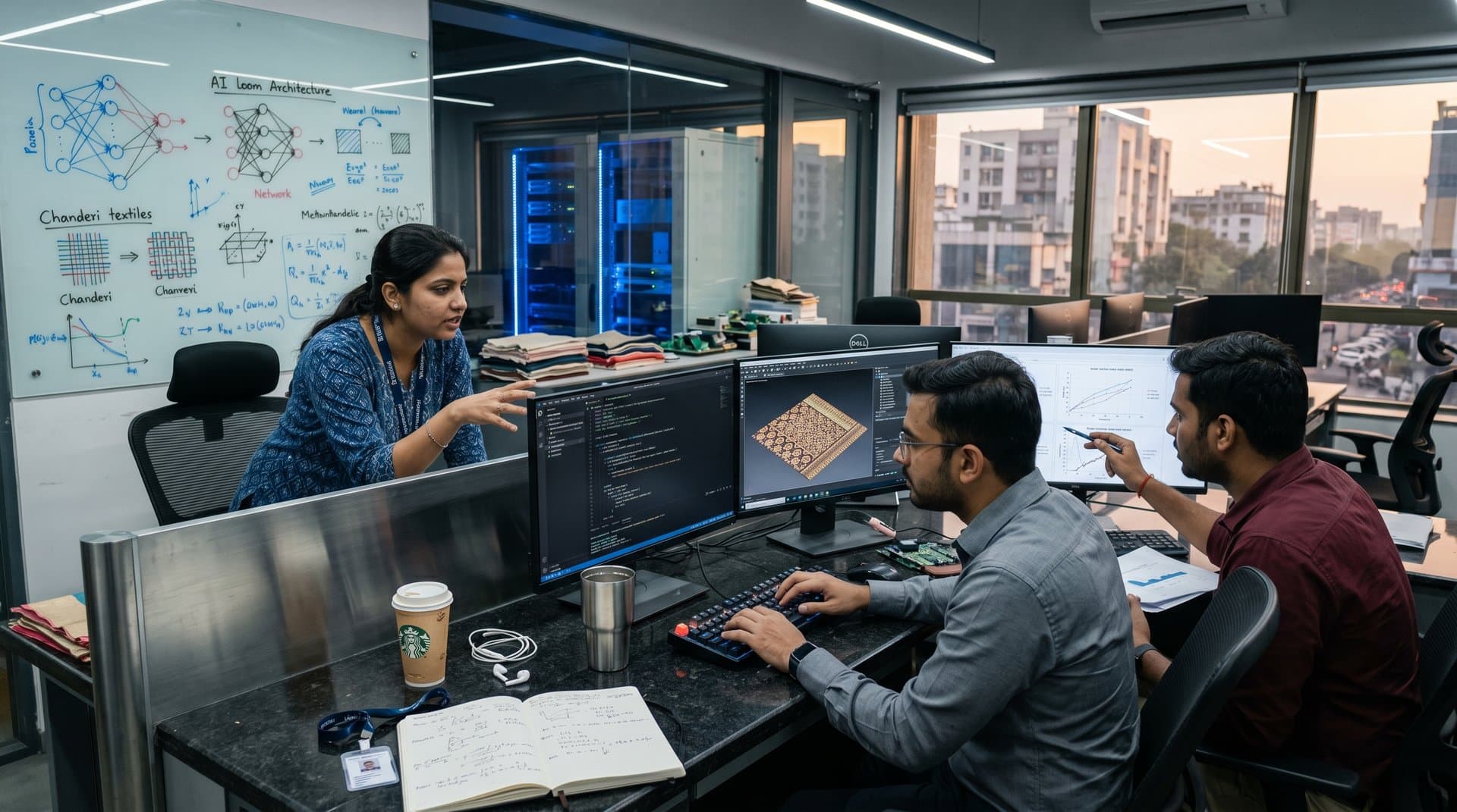 Engineers collaborate on textile automation code at curved desks with multi-monitors and whiteboard sketches in high-tech R&D lab