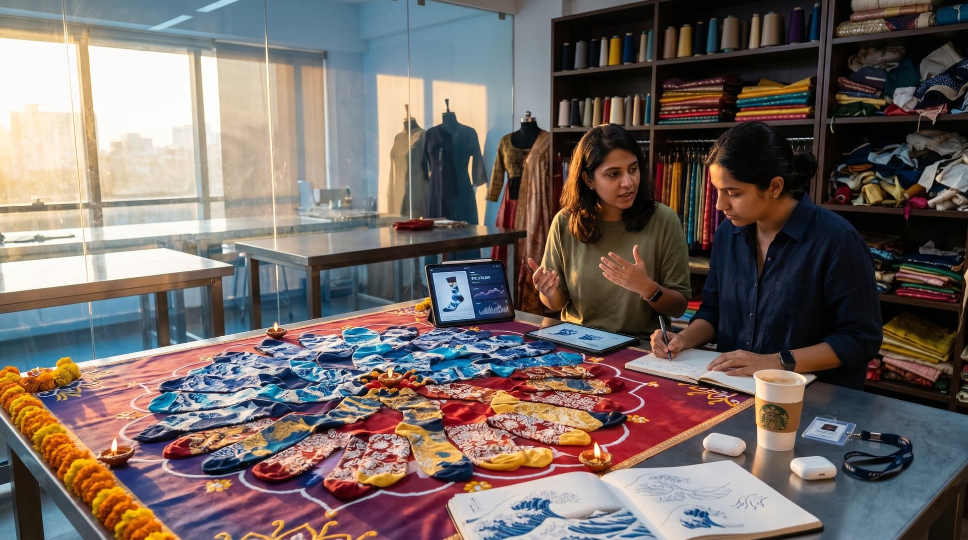 Vibrant Hokusai rangoli tessellation socks on Diwali rangoli floor with printing samples and festive elements