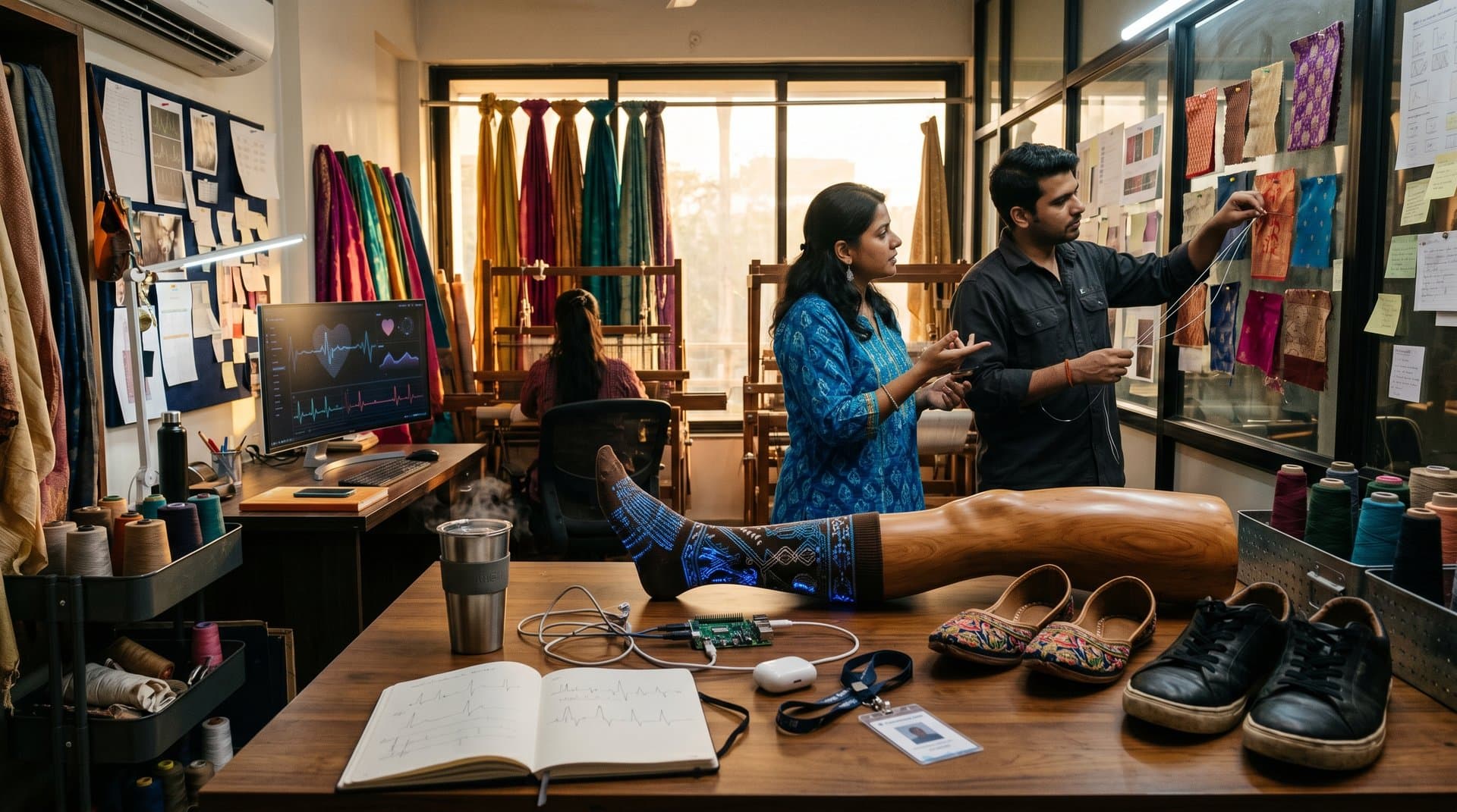 AI cardiology smart socks with Desi weaves on mannequin leg in Mumbai atelier