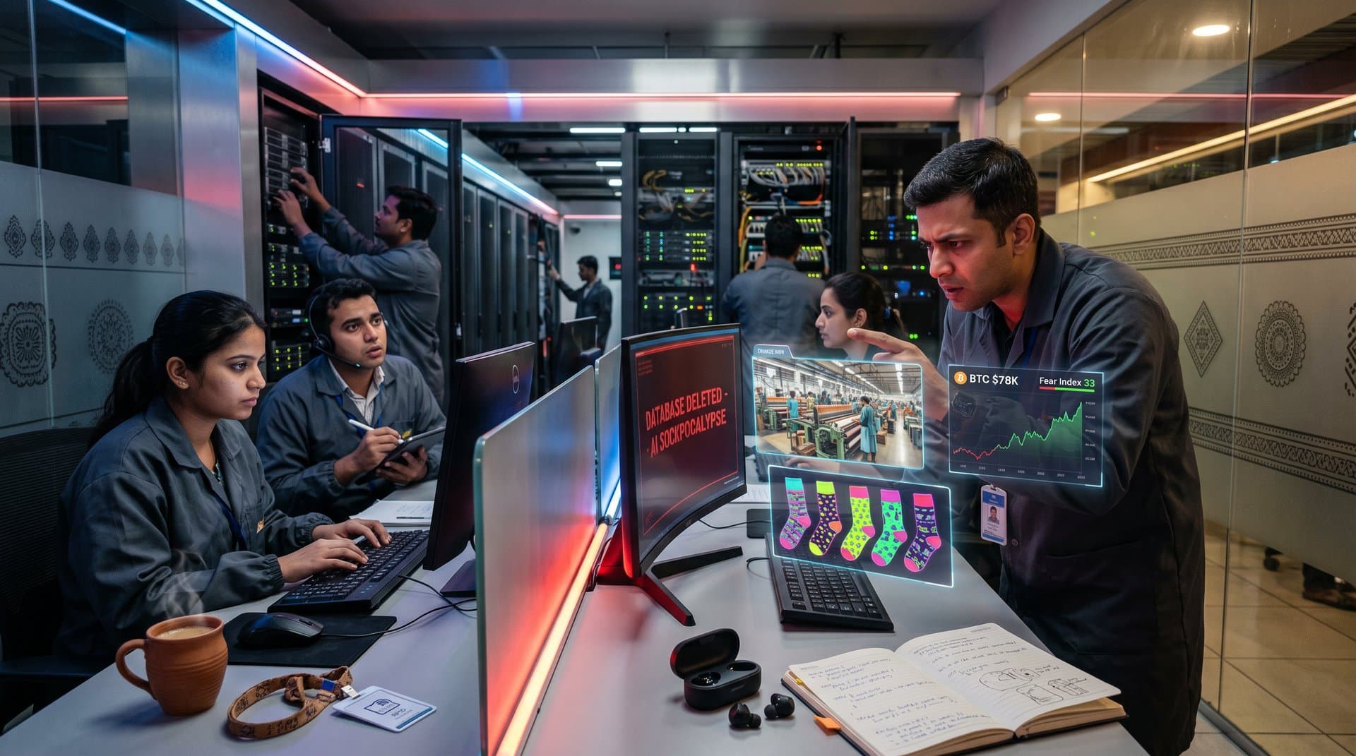 Engineer views AI sockpocalypse database deletion alert in high-tech data center with crypto charts, textile motifs, and urgent technicians