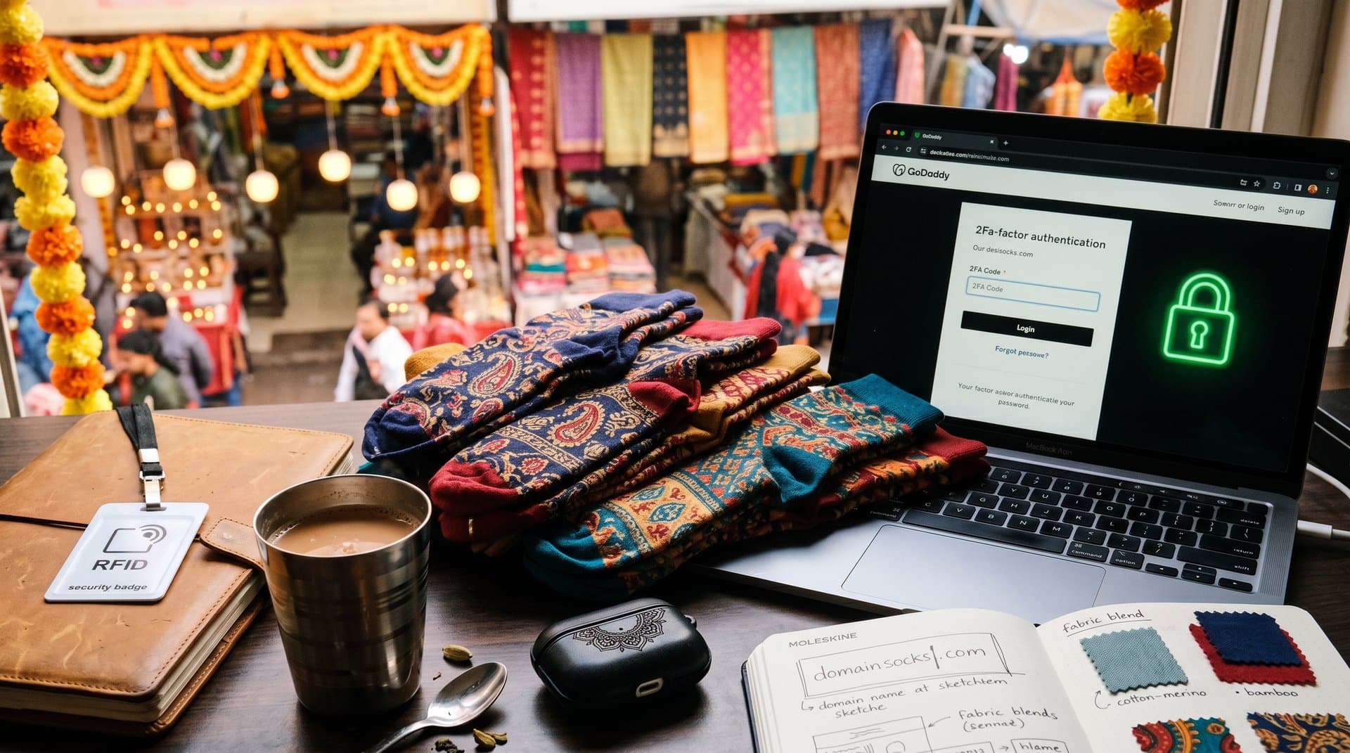 Desi patterned socks on laptop with domain security lock amid festive backdrop