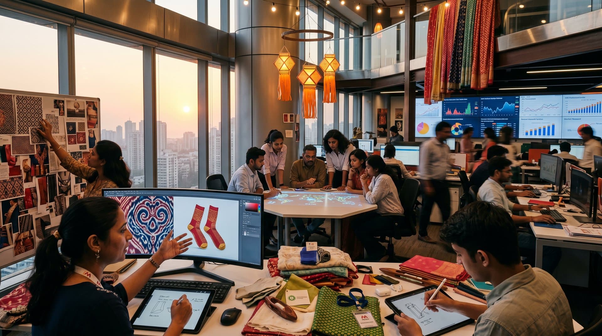AI-generated South Asian sock patterns blending ikat and handloom motifs on screens amid fabric swatches and looms in Mumbai studio