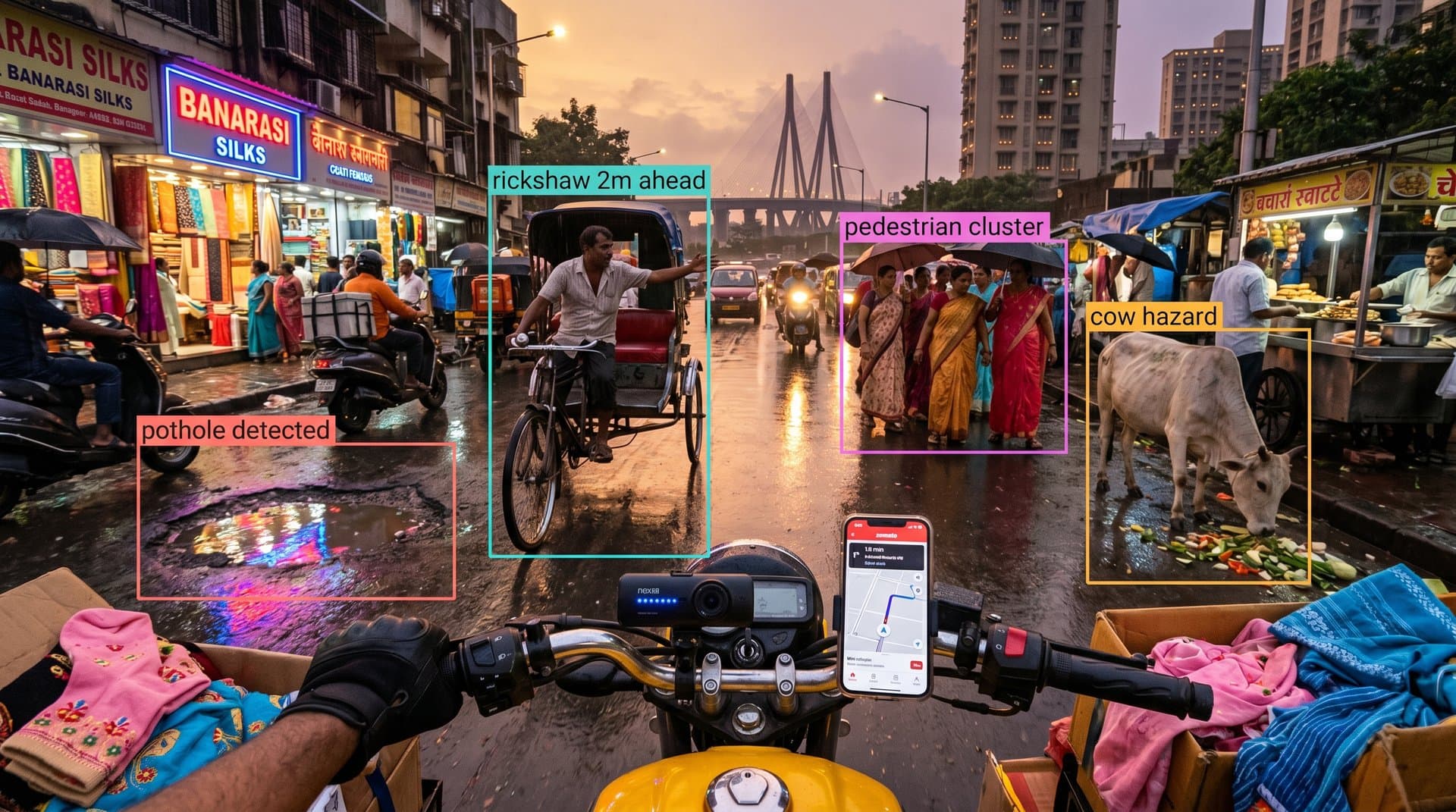 Nexar AI dashcam on delivery scooter analyzes Mumbai traffic for faster sock fashion logistics