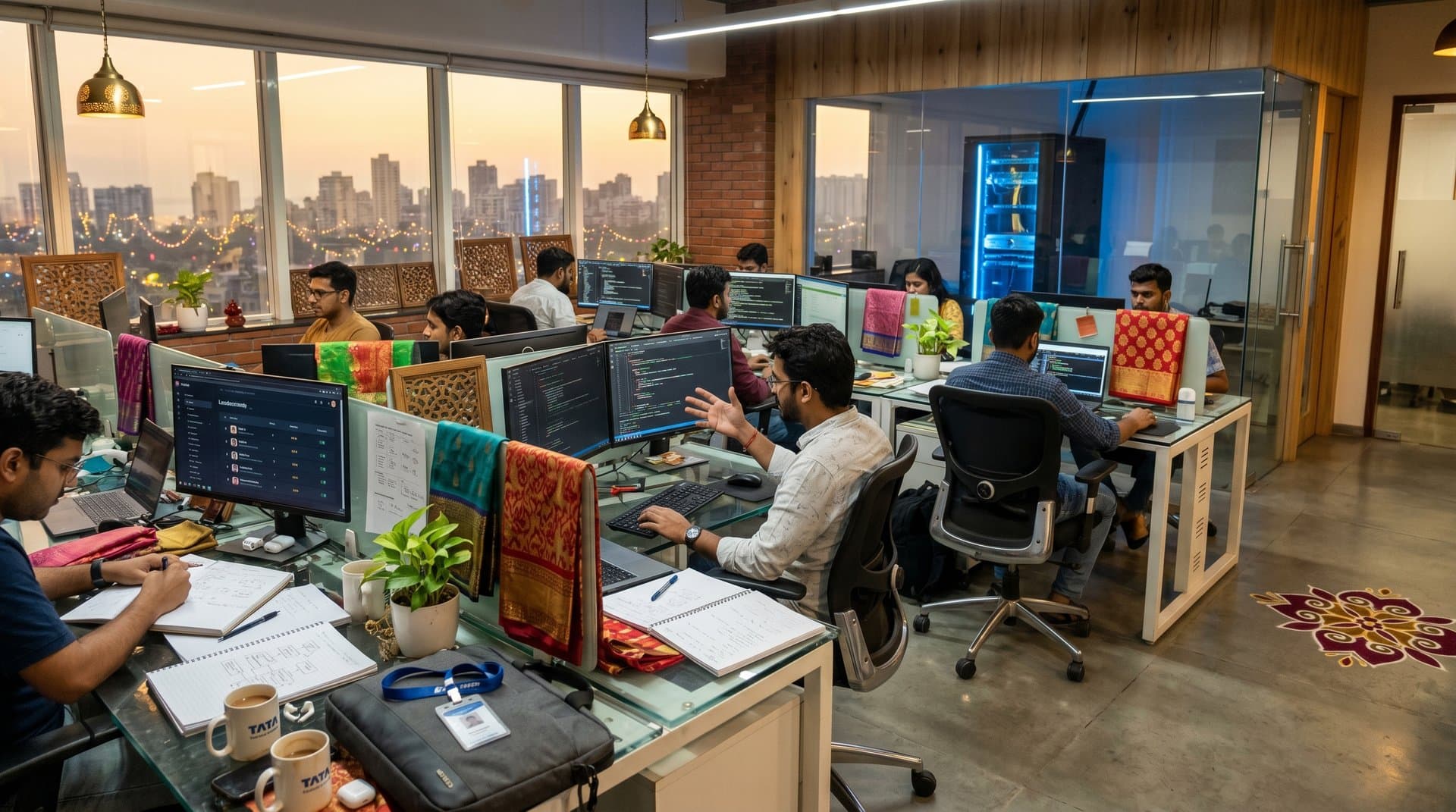 Mumbai fashion tech office screens display SWE-bench leaderboards, AR lehenga try-ons, Banarasi and Chanderi fabric code amid modern Indian workspace with skyline views