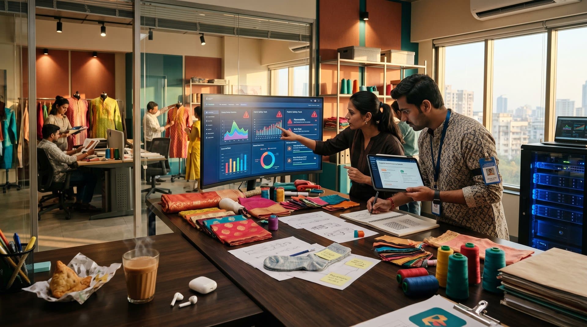 Indian fashion studio with AI screens analyzing textile safety, swatches of silk and cotton, modern tech setup blending tradition and innovation