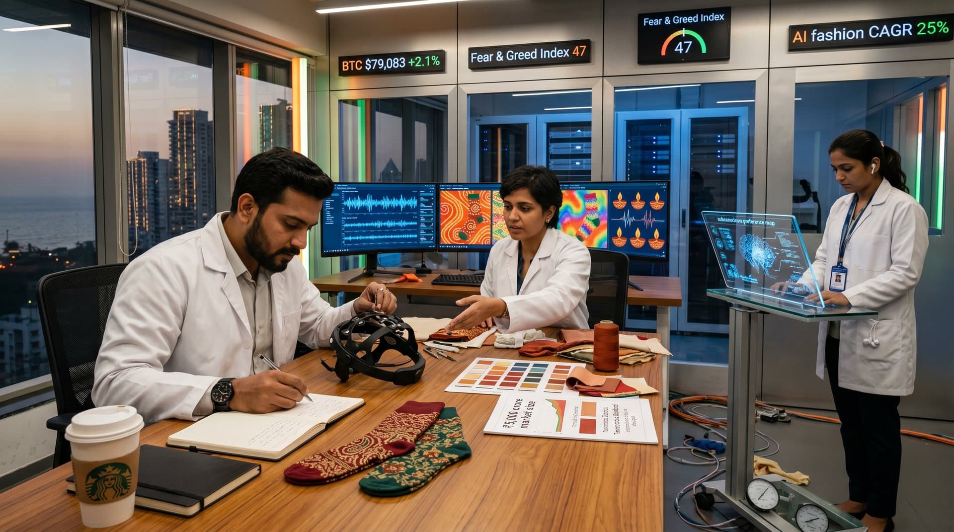 Neurotech lab featuring EEG headset, brainwave displays with paisley sock AI designs, prototype socks, and Indian urban backdrop