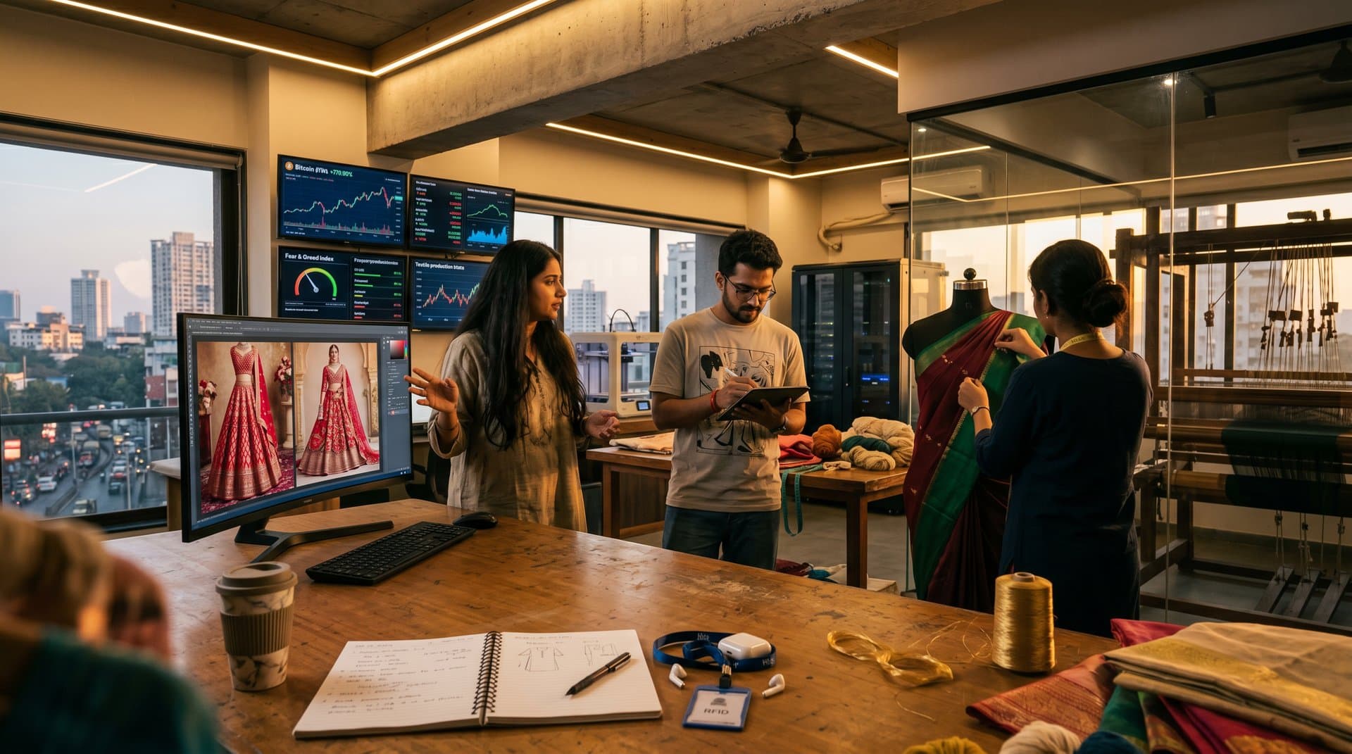 AI-generated South Asian fashion designs on screens in modern atelier with textile swatches and crypto charts