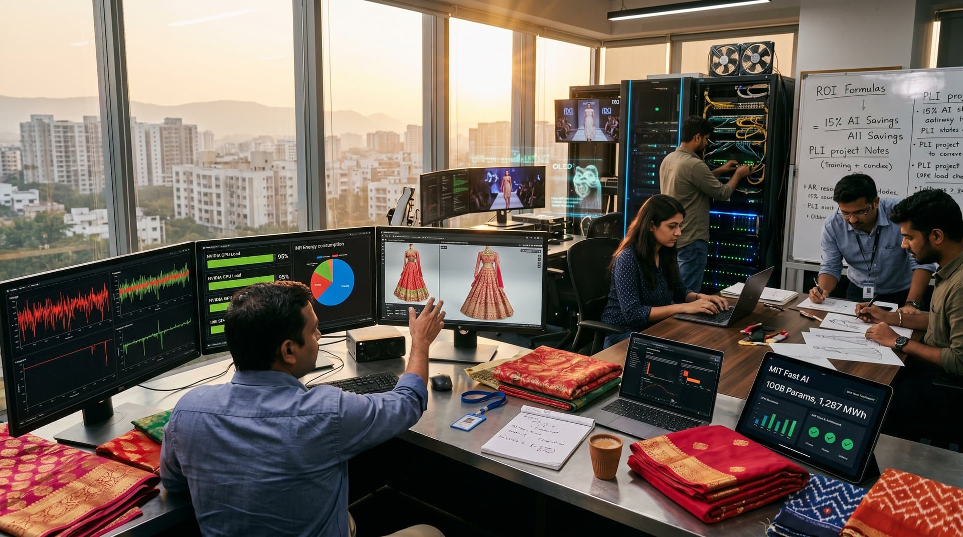 Tech lab screens show AI power graphs and South Asian fashion designs amid server racks