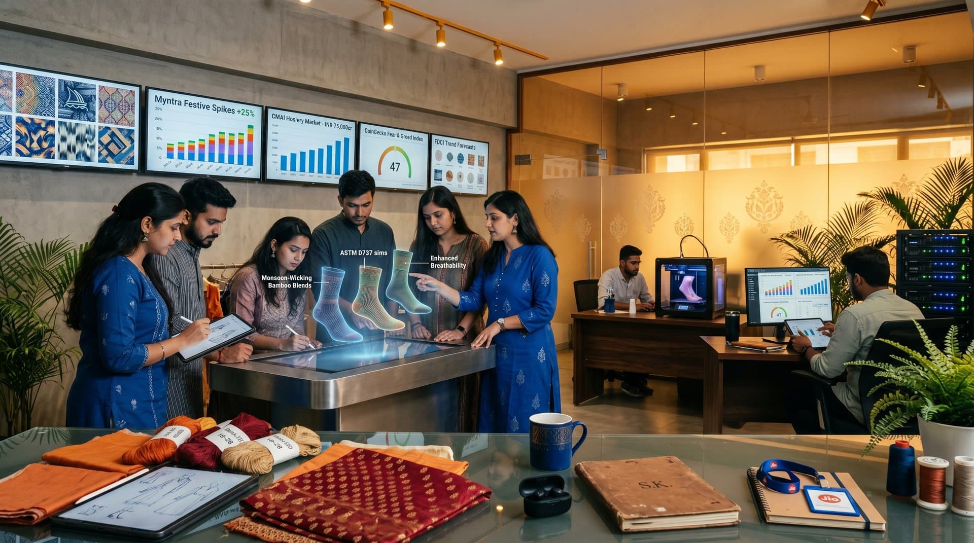 AI fashion lab team collaborates on sock patterns with 3D simulations and trend data screens.