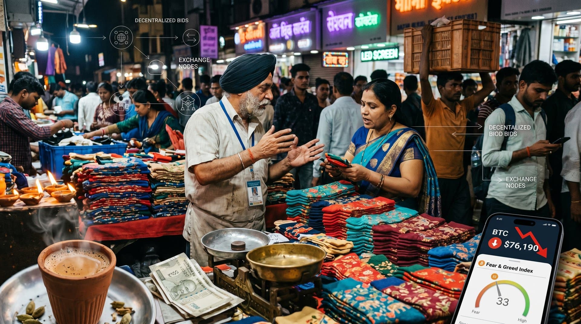 Mumbai market stall piled with counterfeit designer socks, overlaid with crypto laundering blockchain trails and BTC price amid festive market bustle