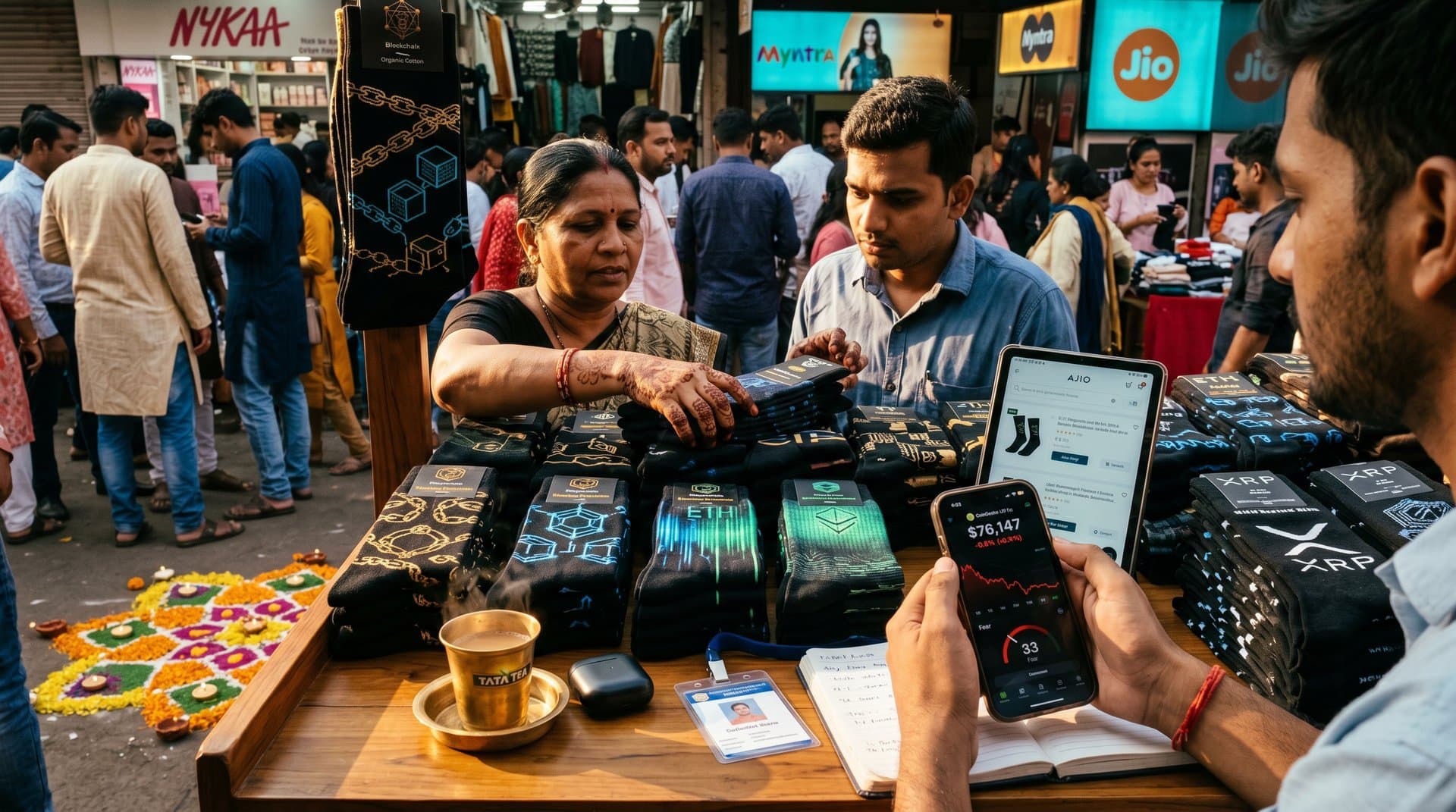 Blockchain-printed socks on display in Mumbai boutique with Bitcoin price chart on smartphone