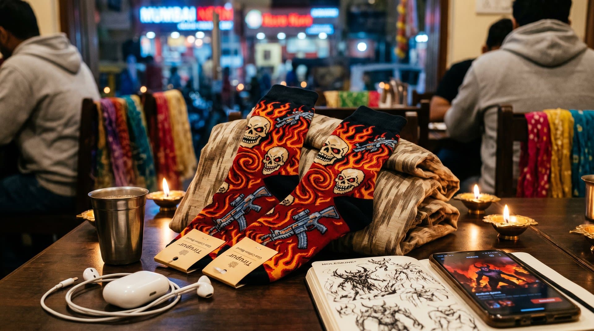 Demon-themed gamer socks with DOOM motifs on handloom fabric beside app screenshot and South Asian fashion elements