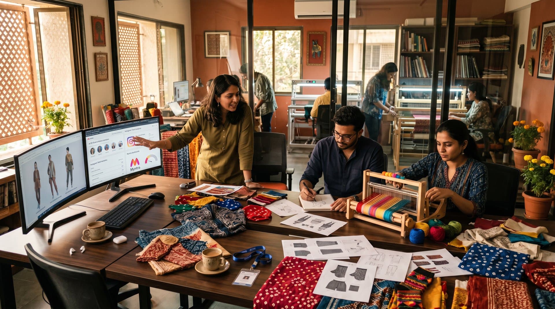Mumbai studio with AI monitors showing ethnic sock designs and textile samples