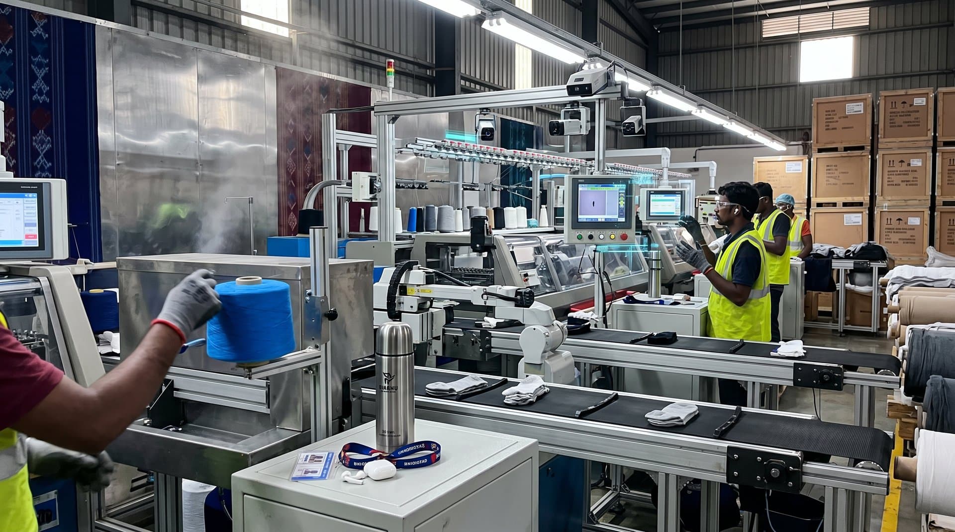 AI-powered sock manufacturing in Tirupur factory with knitting machines, vision systems, and export crates in a high-tech textile environment