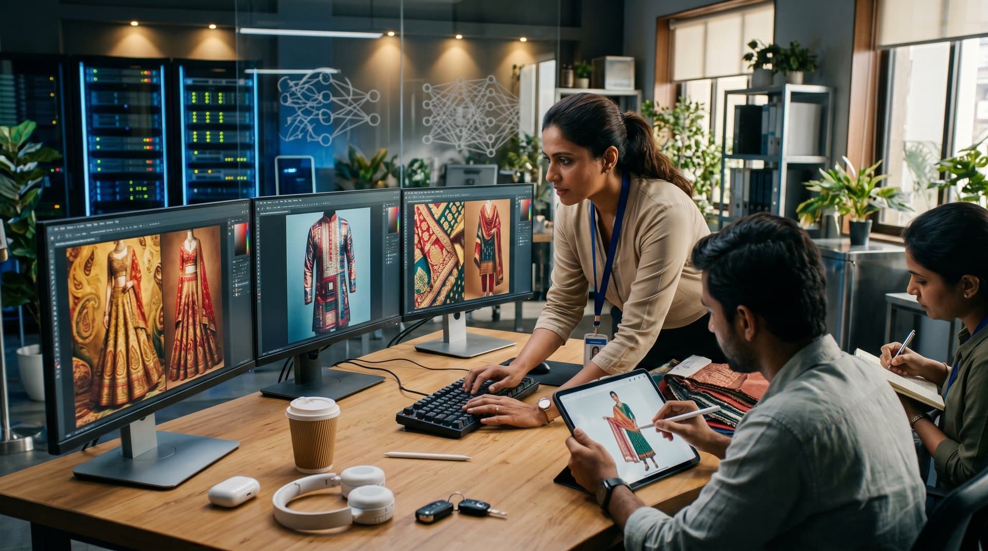 AI-generated South Asian fashion designs on monitors in modern Mumbai studio with fabric swatches and tech setup