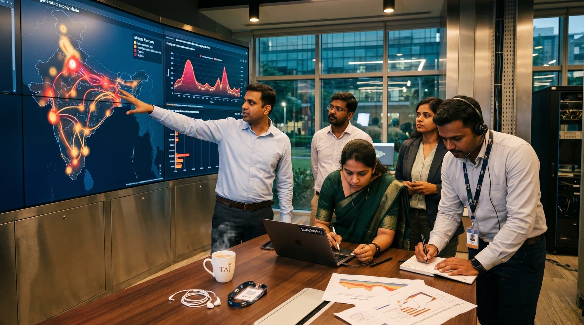 Engineers analyze AI supply chain optimizations for South Asian fashion in a high-tech Bengaluru control room