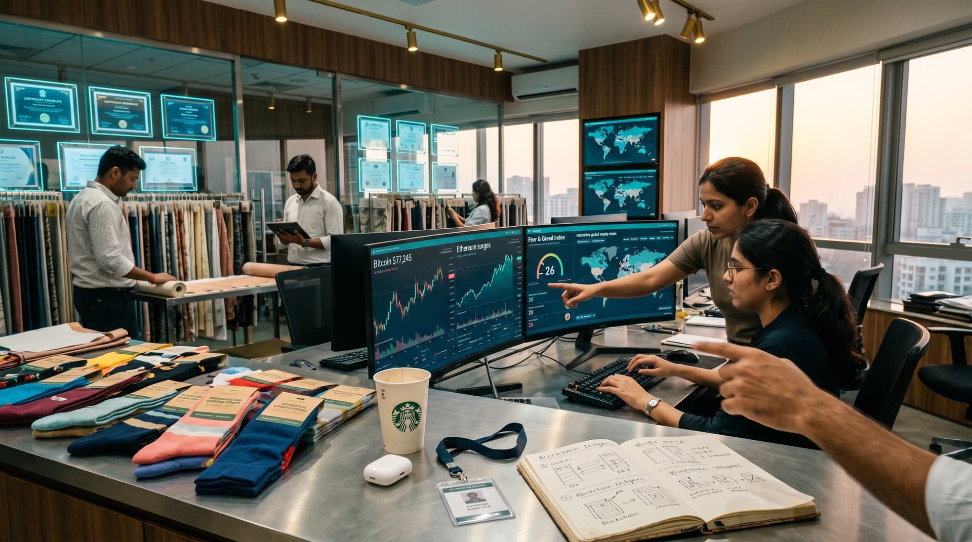 Mumbai textile office with sock stacks, crypto charts like Bitcoin at $77,245, blockchain visuals, and skyline