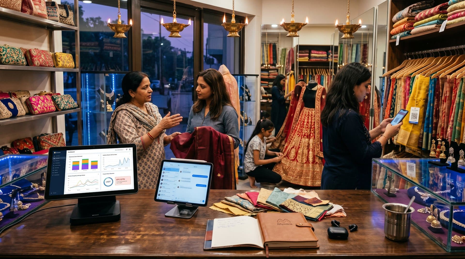 Square POS terminal in fashion boutique showing AI inventory and crypto dashboards amid silk sarees and wedding attire