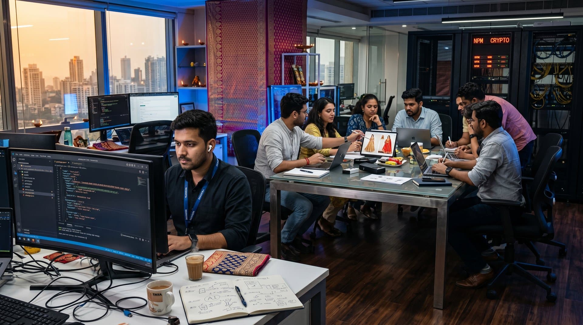 Fashion tech developers review NPM security and crypto wallets amid digital textile designs in a vibrant Mumbai office