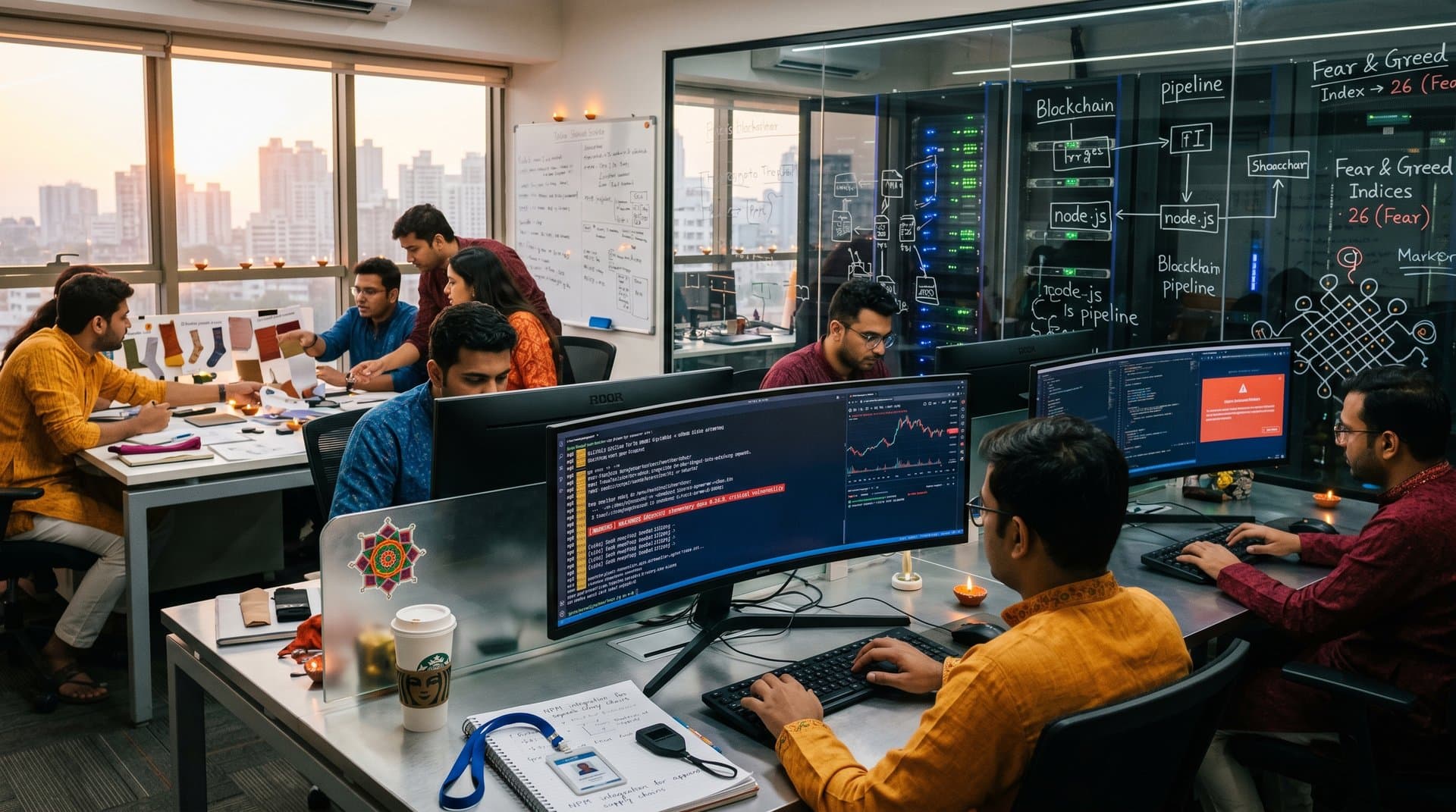 NPM code alerts and crypto graphs on monitors in Mumbai tech office with sock designs and BTC charts