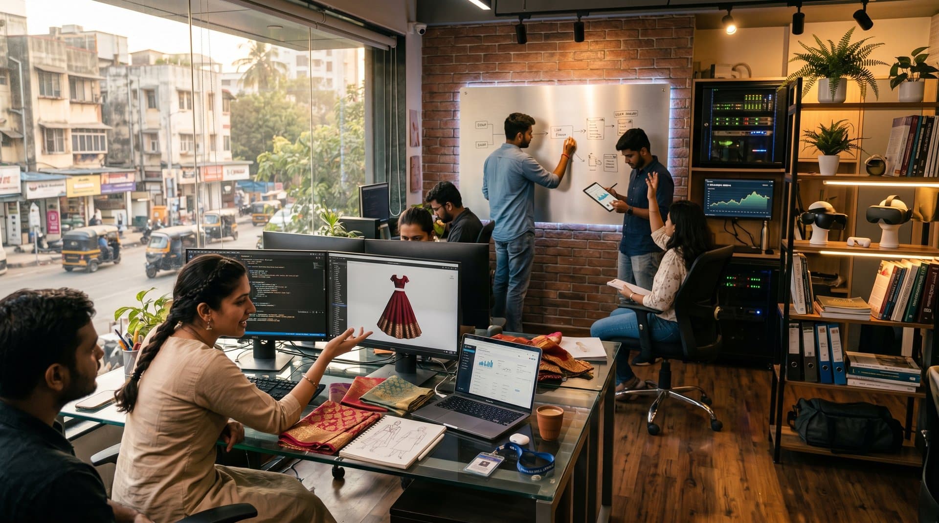 Mumbai fashion tech team reviews AI-generated lehenga code on monitors amid textile swatches and city skyline