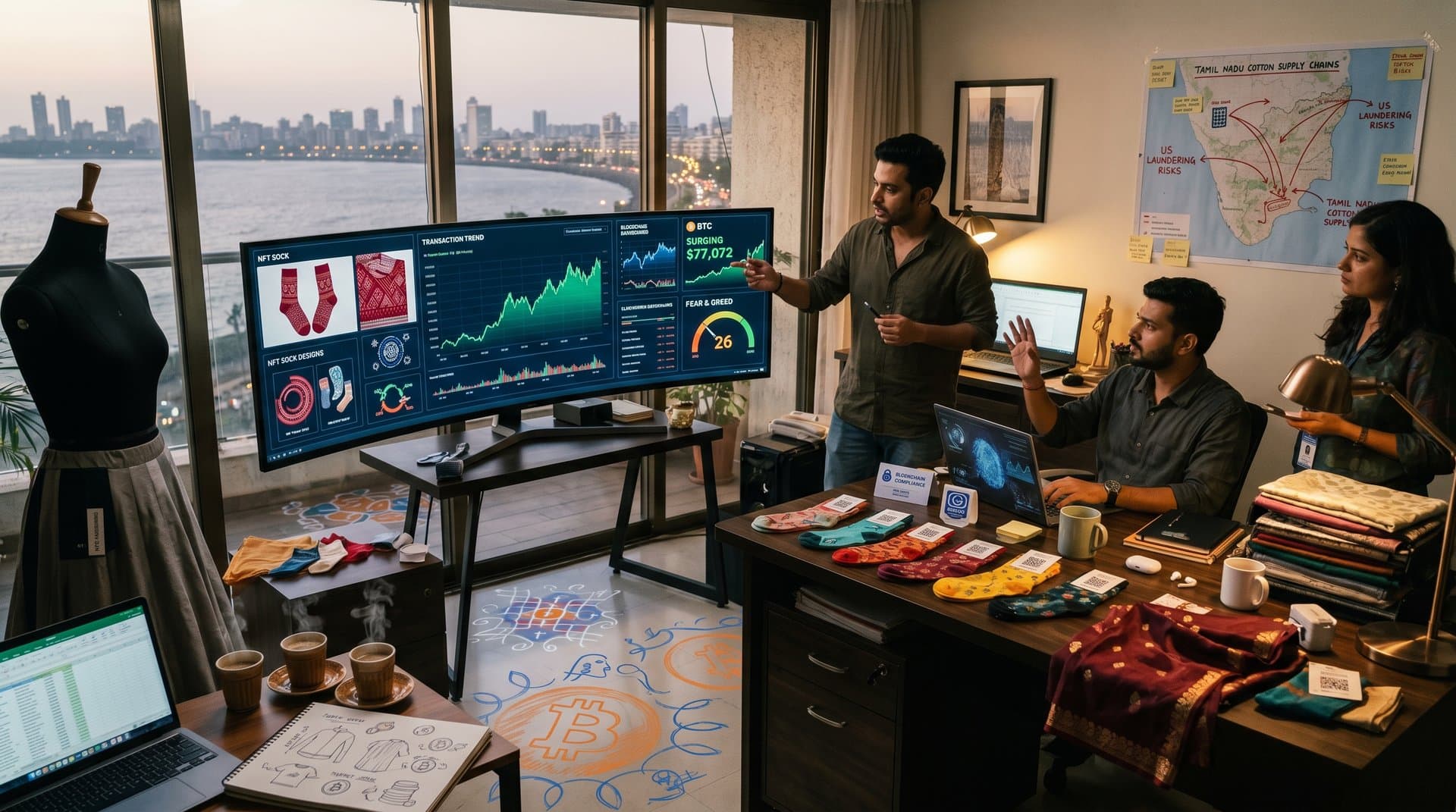 Mumbai studio monitors crypto laundering risks and NFT socks amid blockchain dashboards and textile swatches