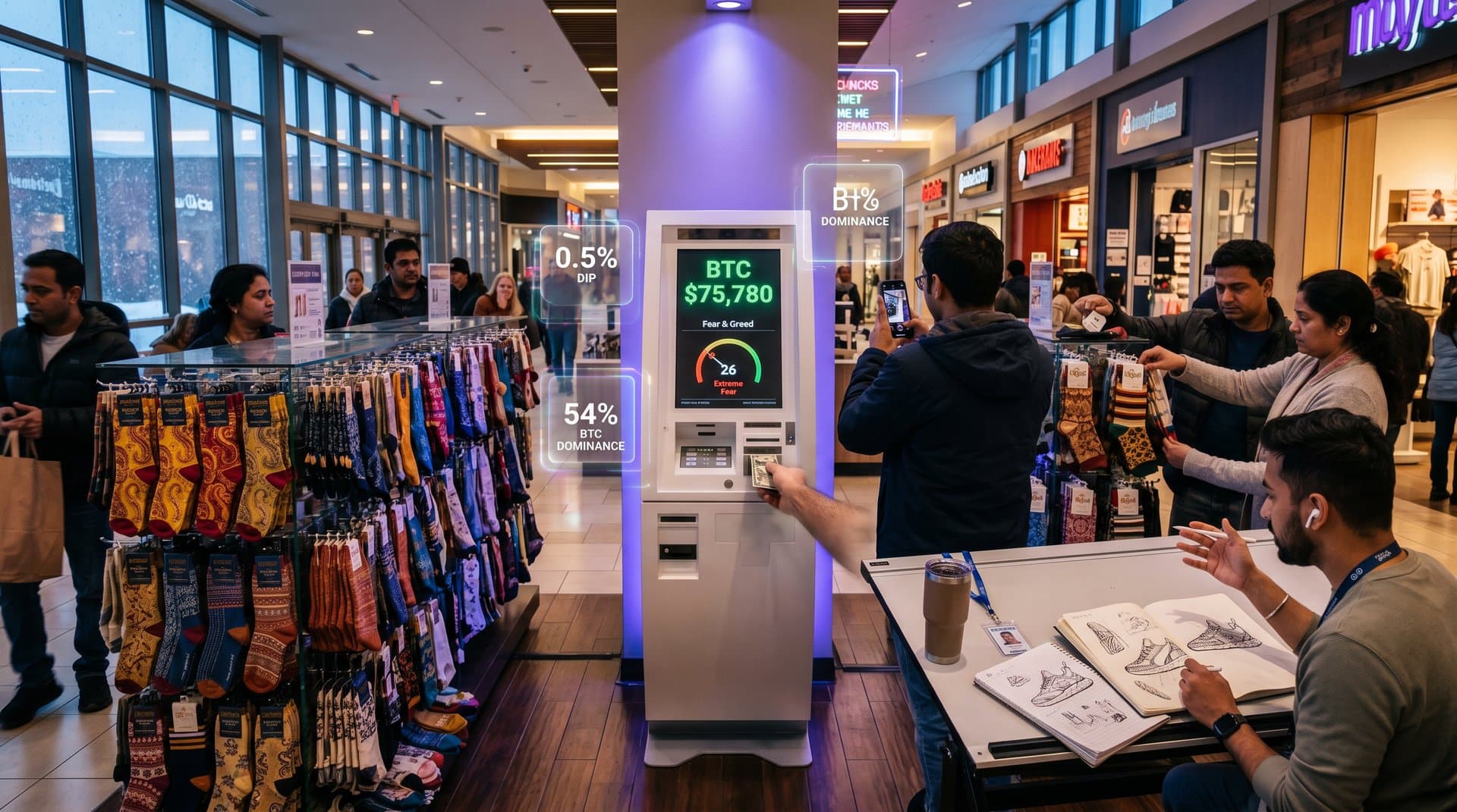 Crypto kiosk in Minnesota mall amid fusion sock racks with BTC charts and Fear & Greed at 26