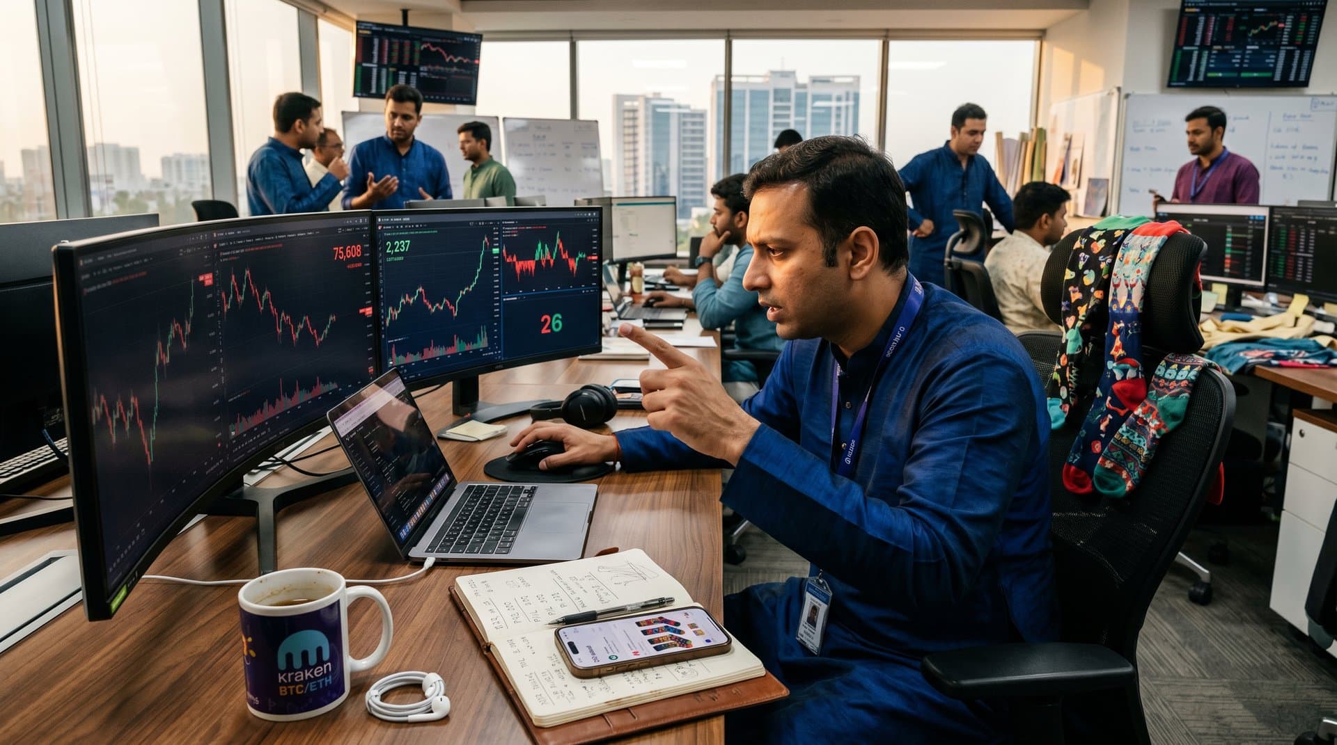 Trading desk with crypto charts on monitors, colorful fusion socks draped on chair, blending finance and Indian fashion elements