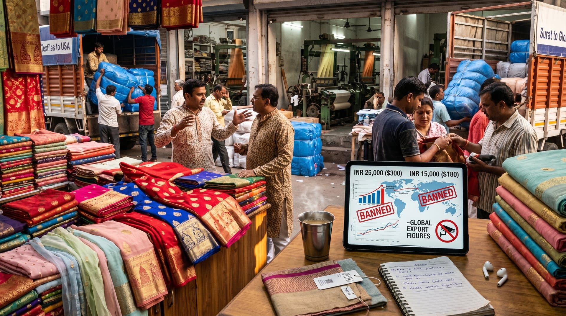 Indian textile market with Banarasi silks and AI pricing tablet amid looms and supply chains