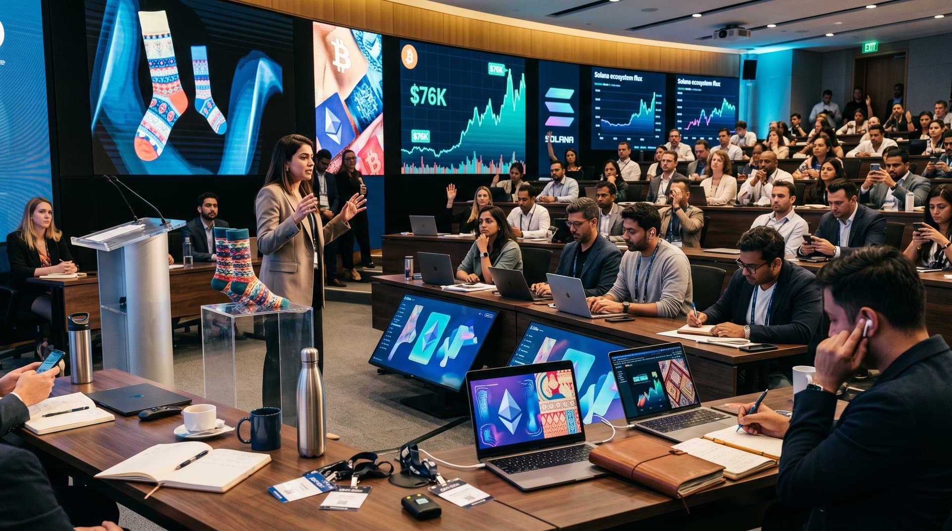 Panelists on EWC stage discuss blockchain with NFT sock art and crypto charts amid professional audience