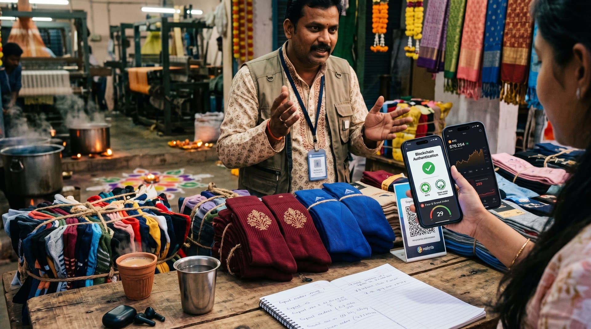 Premium Tirupur socks with blockchain QR codes beside verification app and crypto charts showing BTC decline