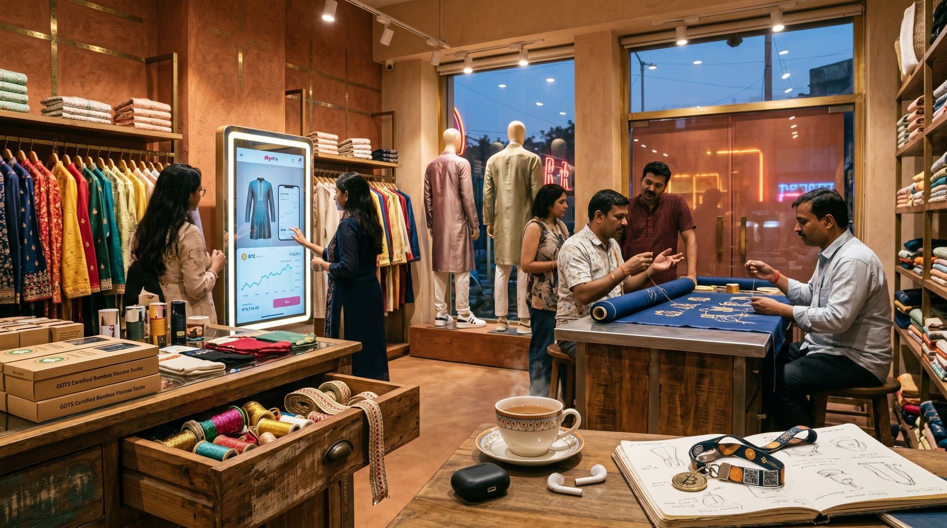 Mumbai boutique with luxury handloom socks, crypto charts, AR tech in fusion fashion scene