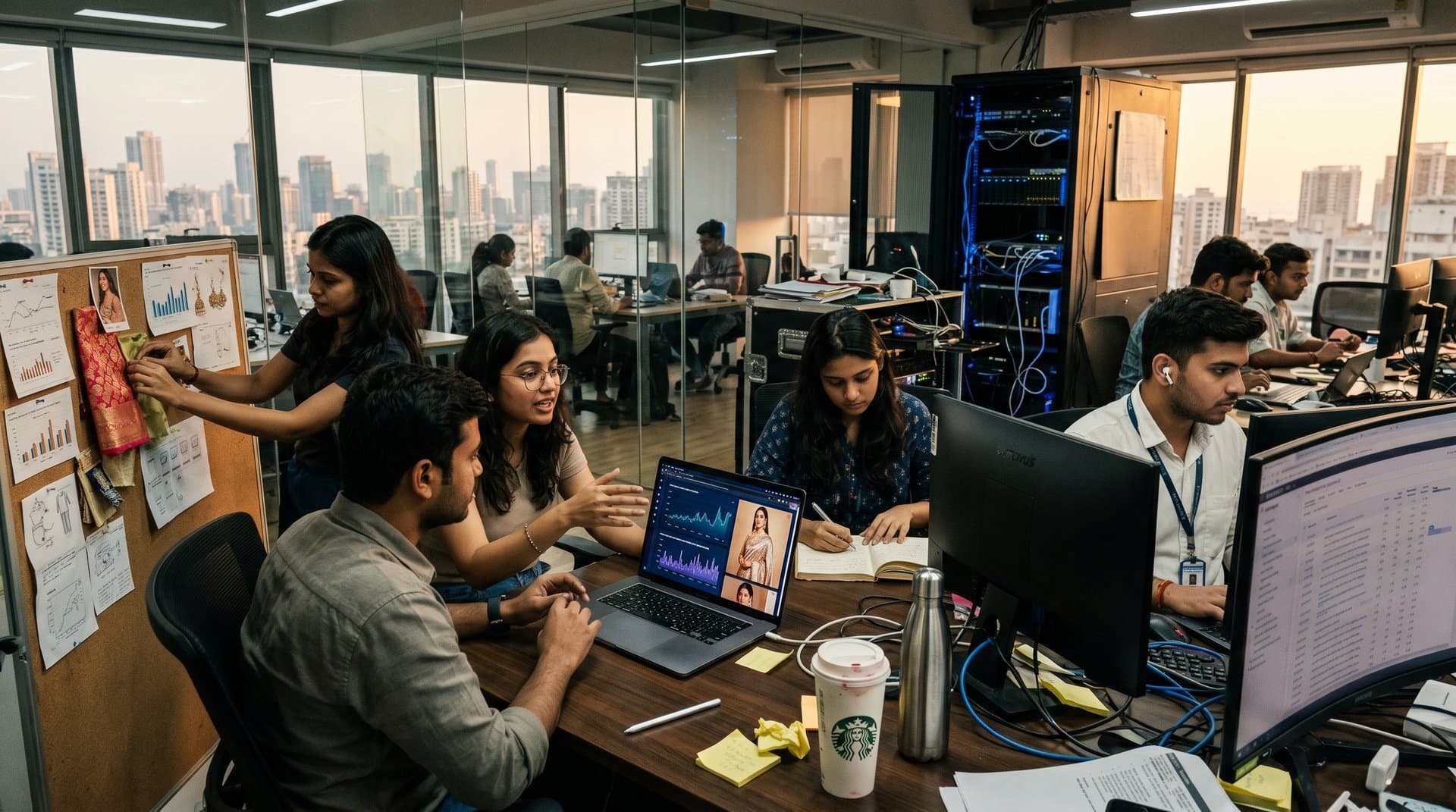 Meta AI team analyzes fashion ad dashboards with South Asian accessory visuals in modern Mumbai lab