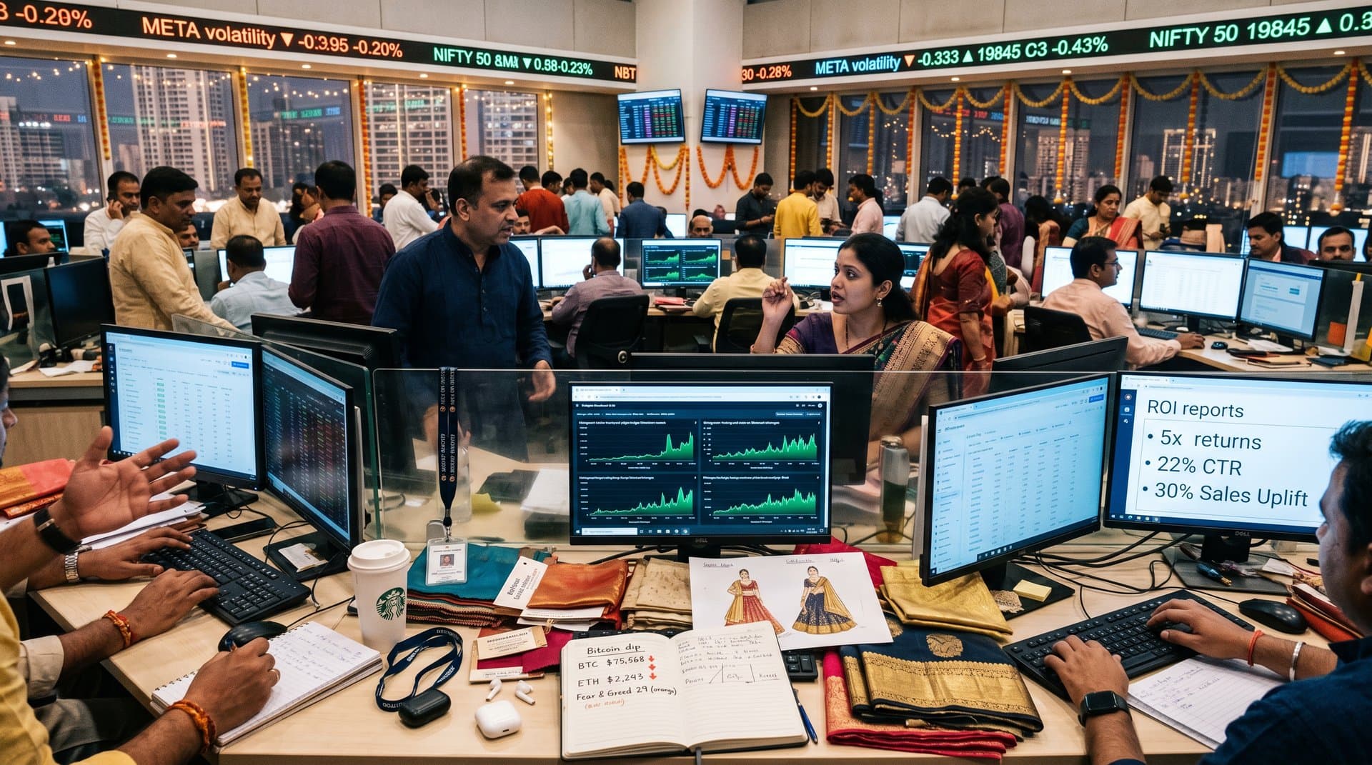 NSE Mumbai trading floor monitors Meta ad tech metrics, Indian fashion trends, and stock volatility charts against skyline