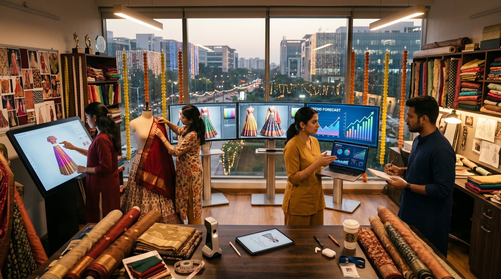 AI-powered fashion design studio in Bangalore displaying lehenga trends and growth charts amid textile swatches