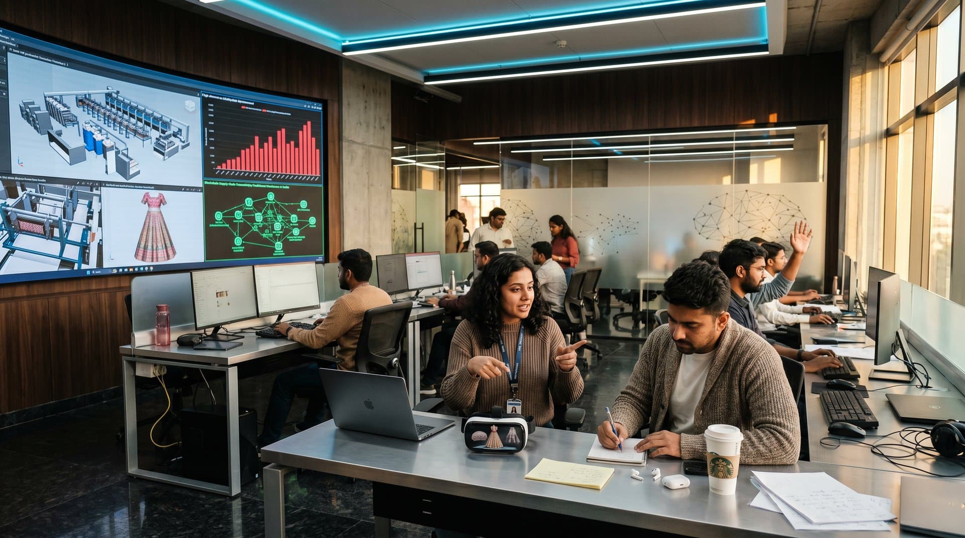 High-tech lab with AI dashboards showing optimized South Asian fashion supply chains and textile production simulations