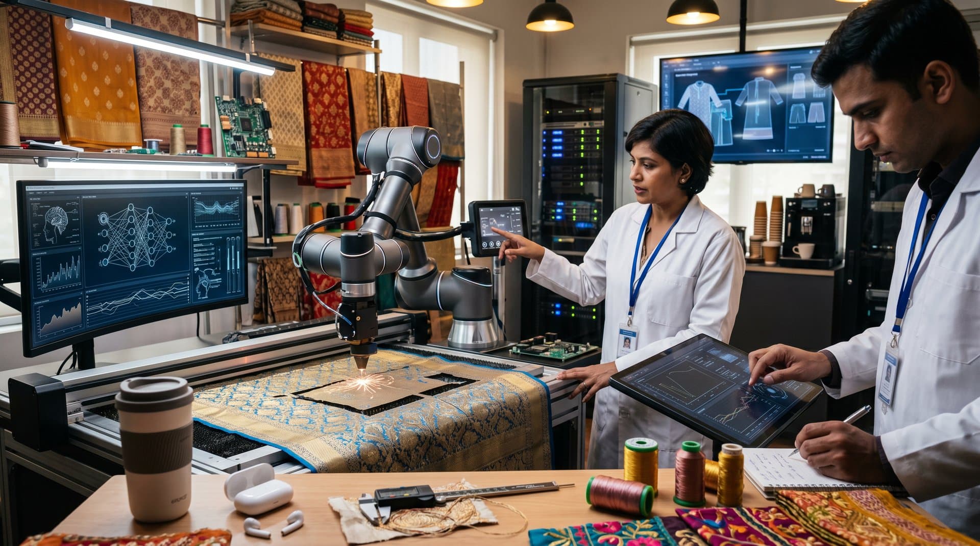 AI surgical robot arm cutting Banarasi silk on high-tech lab workbench with holograms and automation tools