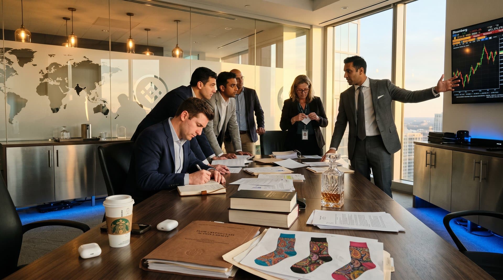 Conference room scene with FLOW crypto class action documents, market charts, and South Asian sock design sketches amid financial recovery theme
