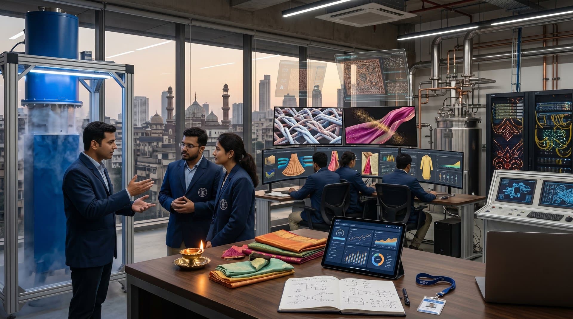Quantum lab simulates textile fibers on advanced monitors amid cryogenic hardware and Indian fabric swatches