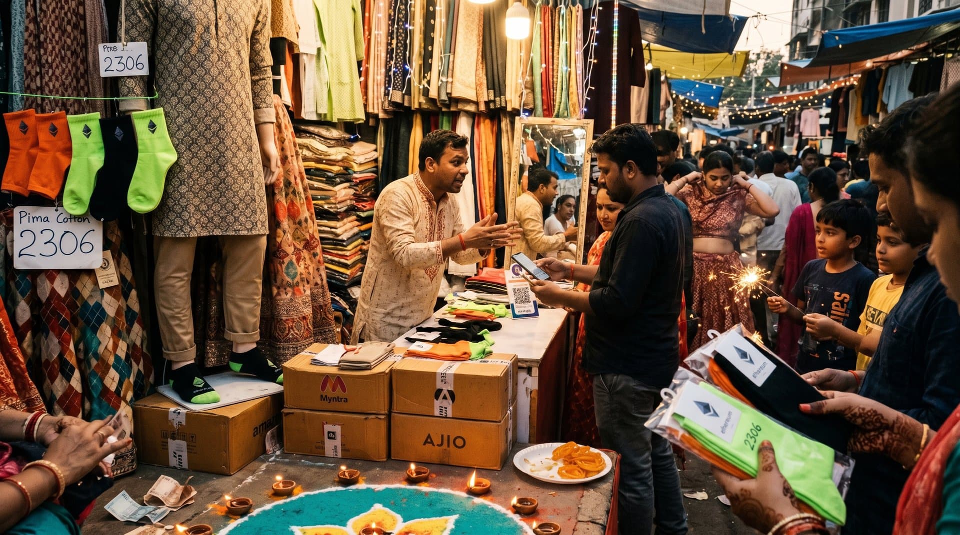 Crypto-themed socks with Ethereum logos in Mumbai market stall, paired with Indian festive wear amid Diwali lights